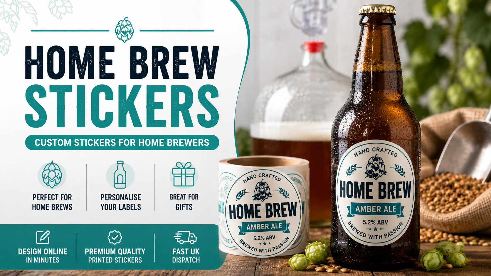 Custom beer bottle labels on a craft beer bottle featuring personalised beer labels, waterproof bottle stickers, home brew labels, brewery bottle labels and custom beer labels UK.