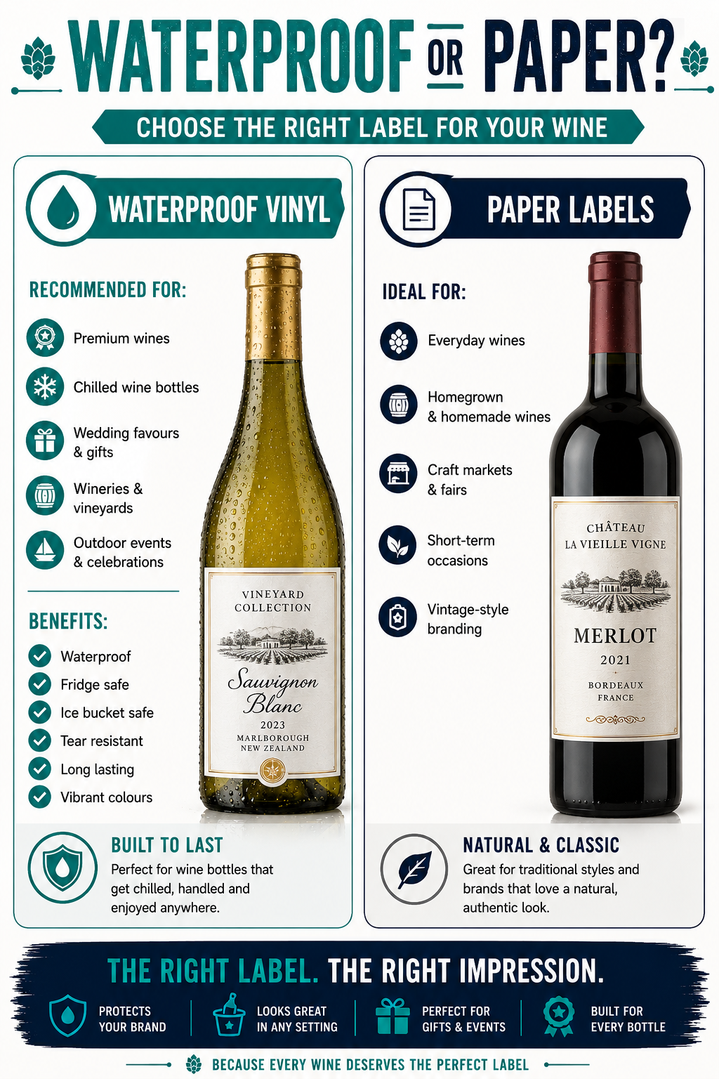 Waterproof vinyl and paper wine bottle label materials