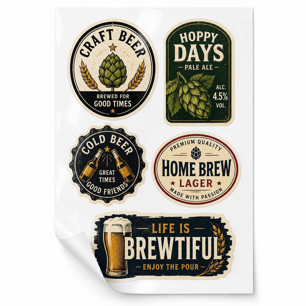 Glossy paper sticker sheet featuring colourful custom beer bottle label designs in round and rectangular shapes. Premium printable glossy paper stickers for home brew, craft beer and brewery labels, delivering vibrant colours, sharp detail and a professional high-shine finish.