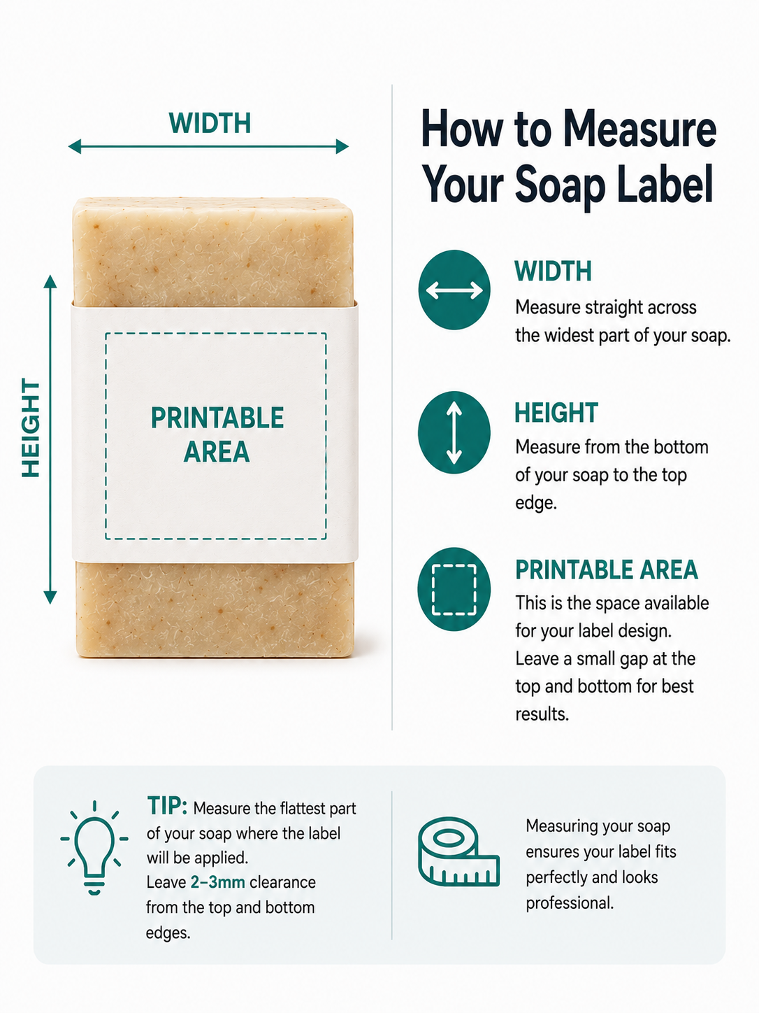 Infographic showing popular soap label sizes including 35mm, 45mm, 55mm, 60mm, 65mm and 70mm round labels, plus 45×25mm, 55×35mm, 65×35mm and 65×45mm rectangular soap labels. Size guide for custom soap stickers, handmade soap labels, soap packaging and personalised soap label printing by Stikaroo.