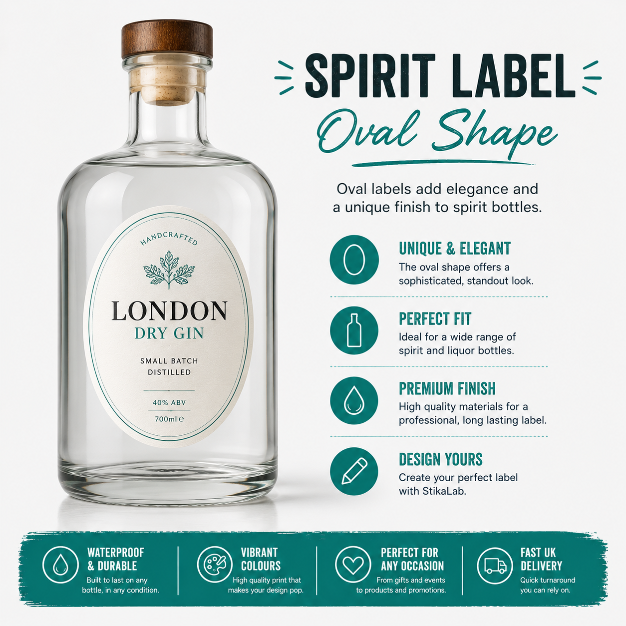Infographic showing an oval custom spirit bottle label on a premium glass gin bottle, highlighting the benefits of personalised spirit labels, waterproof bottle stickers and premium oval liquor bottle label designs.