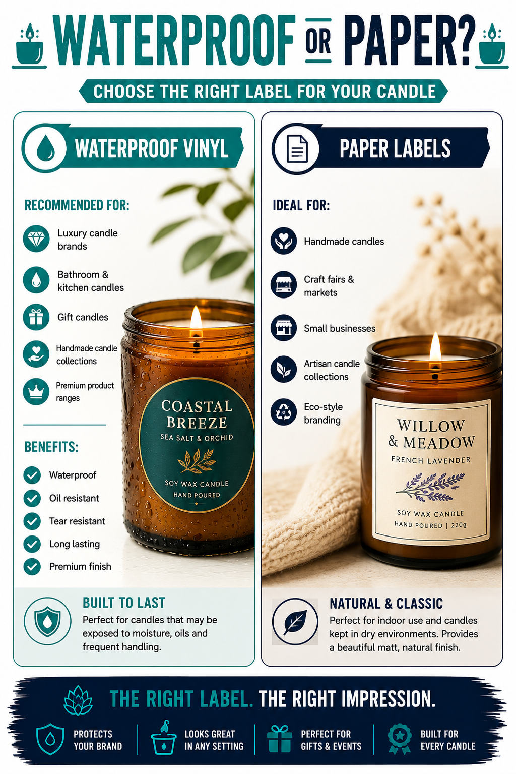 infographic comparing waterproof vinyl and paper candle labels for custom candle stickers, candle jar labels and container labels, helping choose the best material for handmade and luxury candles.