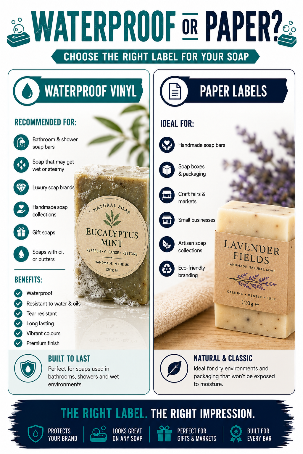 Infographic comparing waterproof vinyl and paper soap labels for custom soap stickers, handmade soap labels, soap packaging labels and soap box stickers, helping choose the best material for every soap product.
