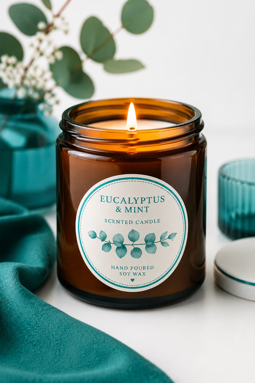 Custom candle labels on an amber glass candle featuring personalised waterproof vinyl candle stickers, handmade soy candle branding, premium candle jar labels and custom candle labels UK.
