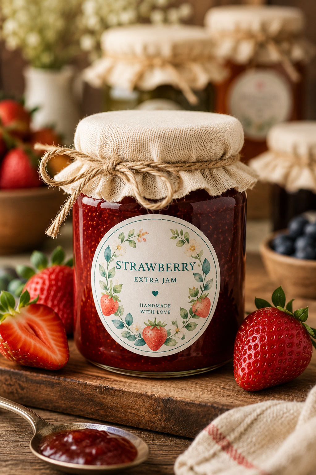 Custom jam jar labels on a strawberry preserve jar featuring personalised jam labels, waterproof preserve labels, homemade jam stickers, artisan food labels and custom jam labels UK.