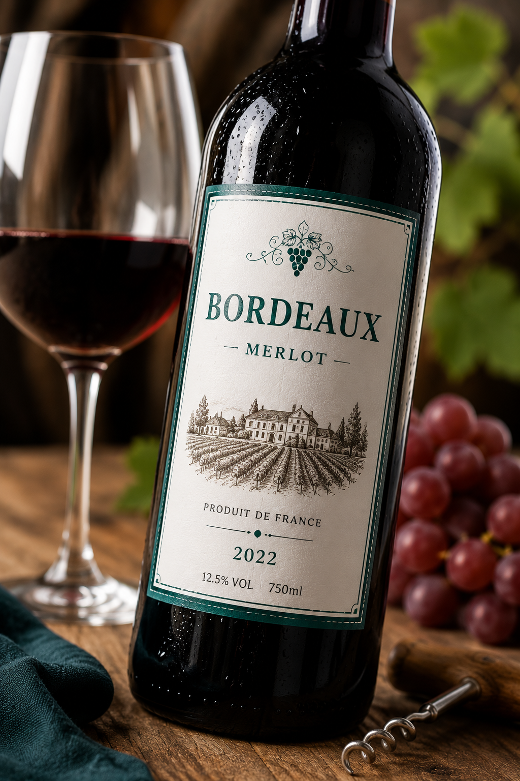 Custom wine bottle labels on a red wine bottle featuring personalised wine labels, waterproof wine bottle stickers, custom winery labels, home wine labels and custom wine labels UK.