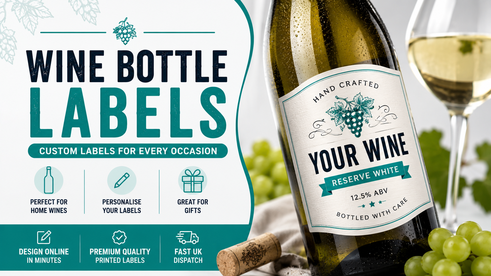 Custom wine bottle labels on a red wine bottle featuring personalised wine labels, waterproof wine bottle stickers, custom winery labels, home wine labels and custom wine labels UK.