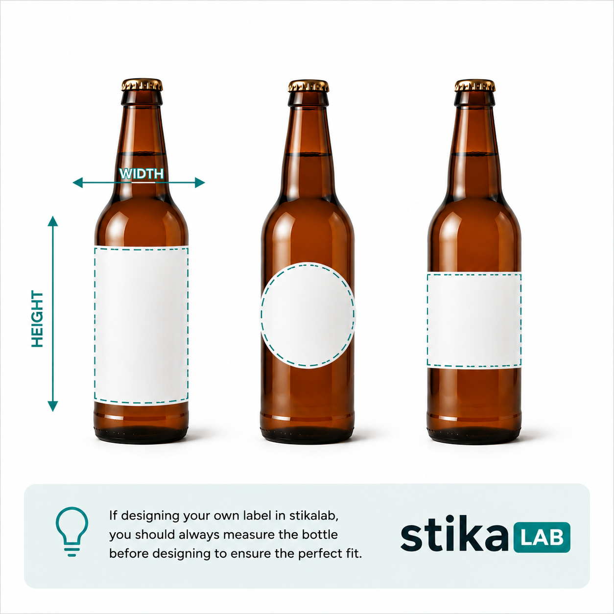 Beer bottle label size guide showing how to measure beer bottles for custom labels with rectangular, round and square label examples. Includes width and height measurement guides, printable label areas, and StikaLab branding to help customers design personalised beer bottle labels that fit perfectly.
