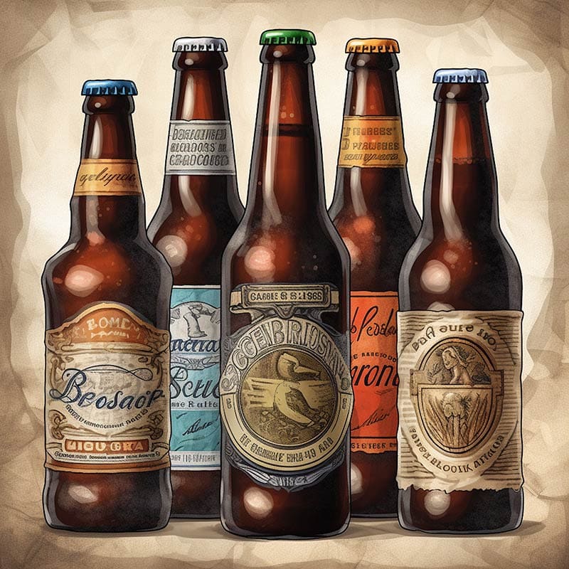 Five brown beer bottles standing in a row  depicting different label design's