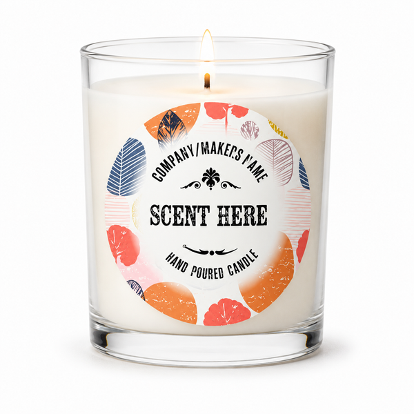 Candle with a decorative label on a white background