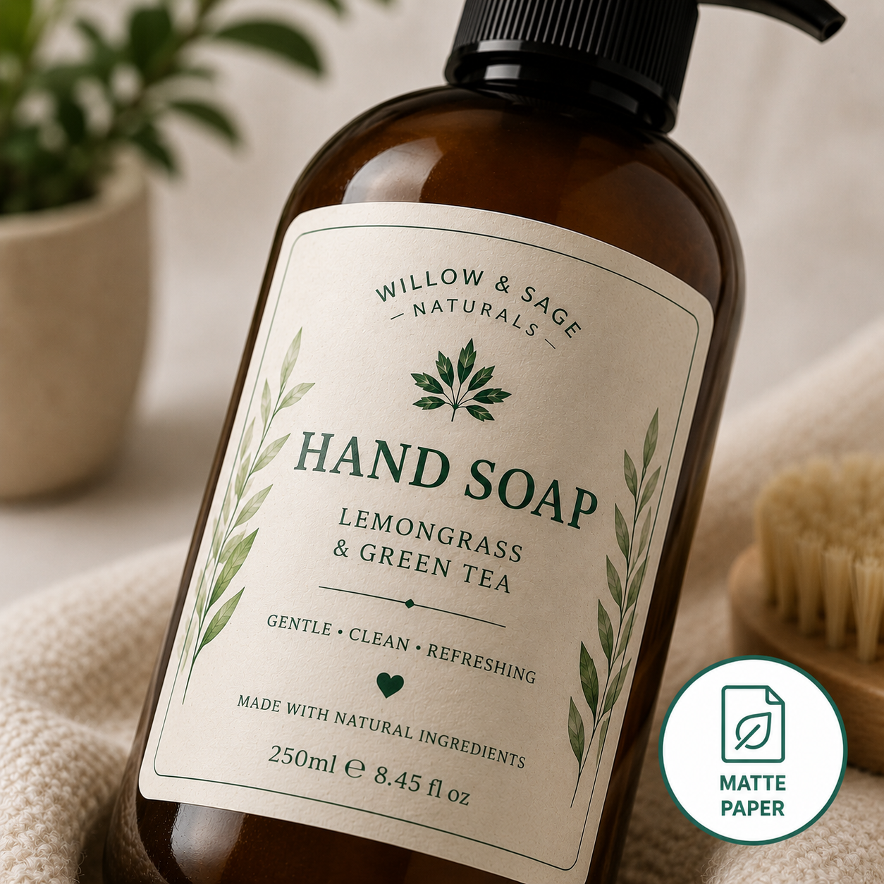 Close-up of a custom matte paper label on an amber hand soap bottle, showcasing premium personalised product labels with a natural non-reflective finish for handmade skincare and small businesses.