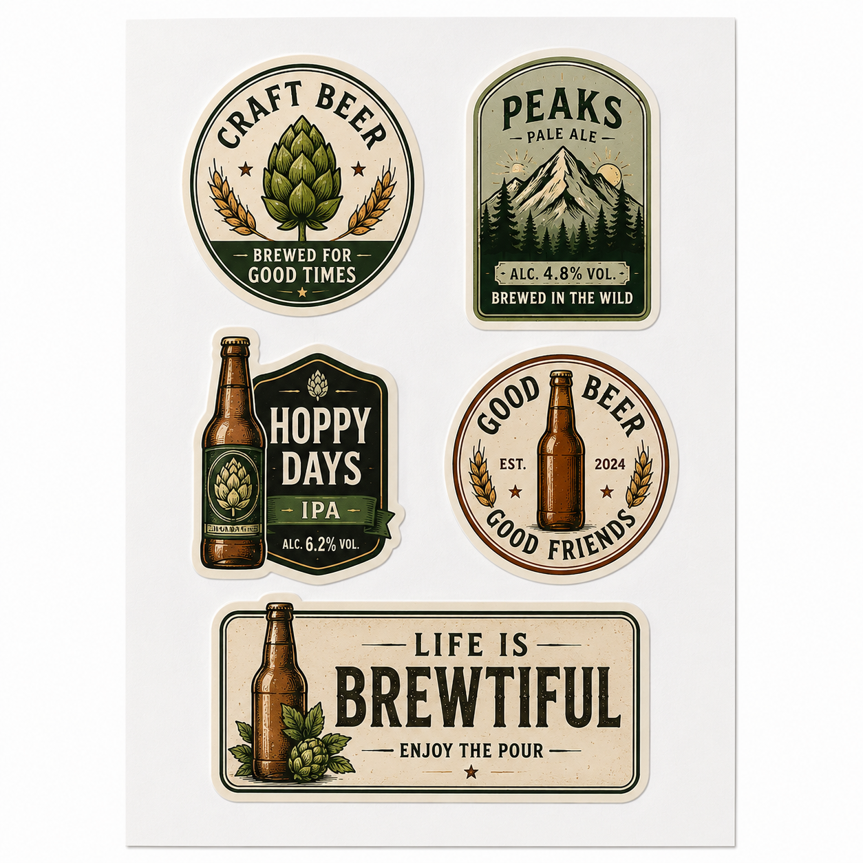 Matte paper sticker sheet featuring vintage-style custom beer bottle label designs, including round and rectangular beer labels for home brew, craft beer and brewery branding. High-quality printable sticker sheet ideal for personalised beer bottle labels and product packaging.