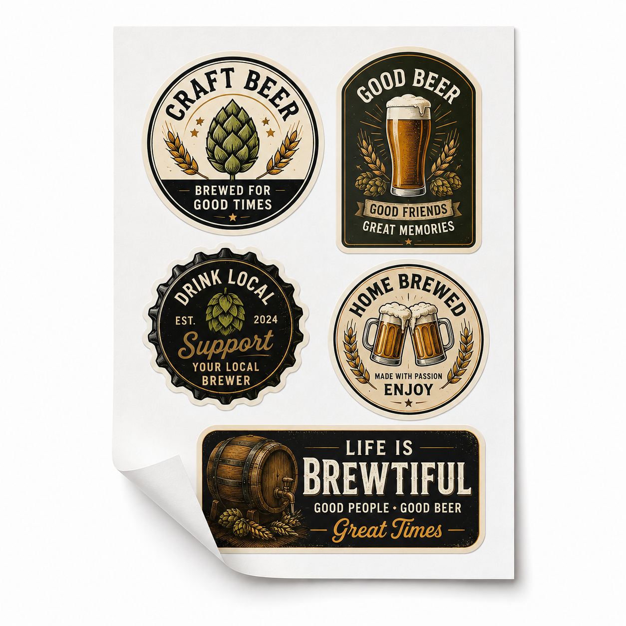 Waterproof matte vinyl sticker sheet featuring custom beer bottle label designs in round and rectangular shapes. Premium printable matte vinyl stickers with vibrant colours, durable waterproof finish and strong adhesive, ideal for home brew, craft beer and brewery bottle labels.
