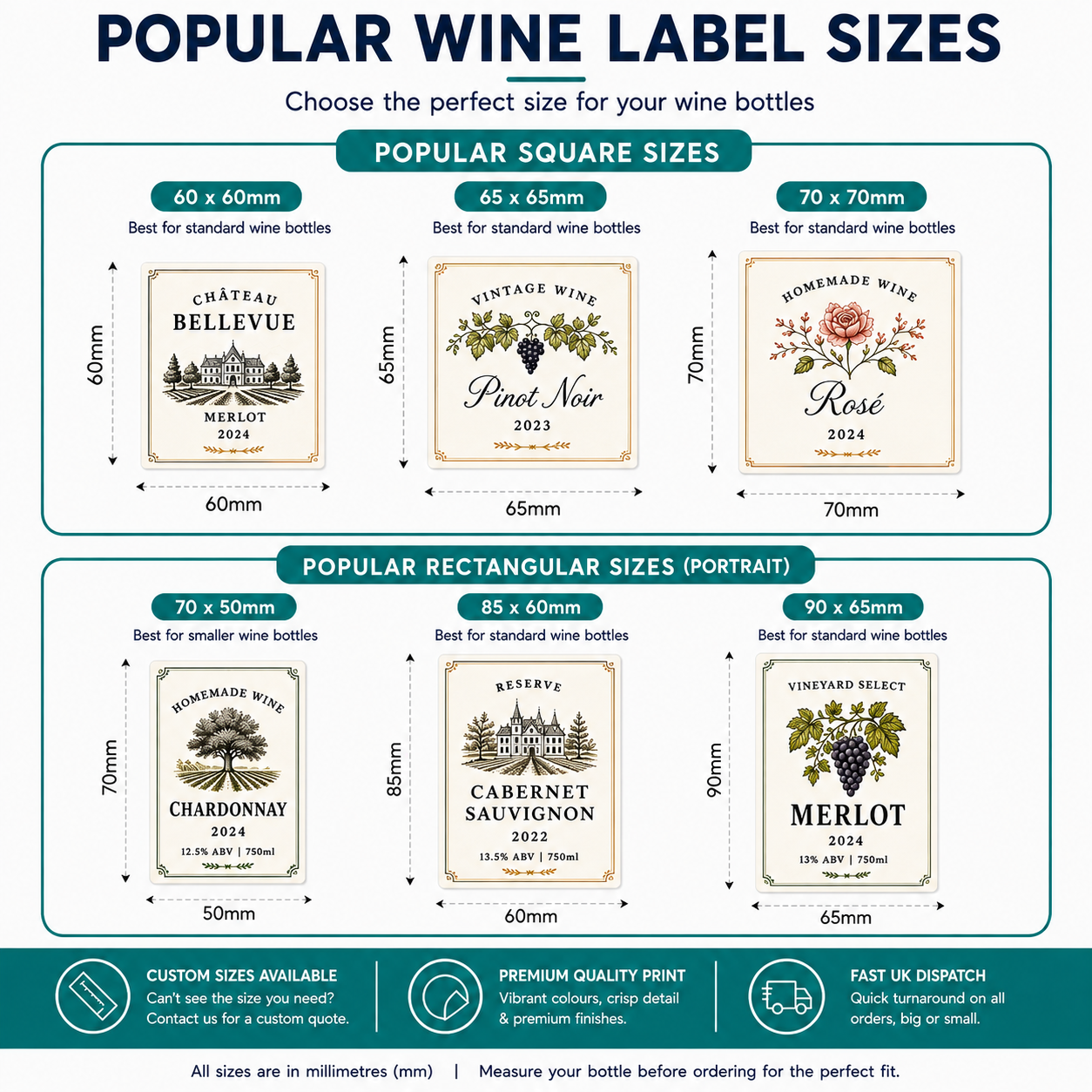 Popular rectangular and square wine bottle label sizes
