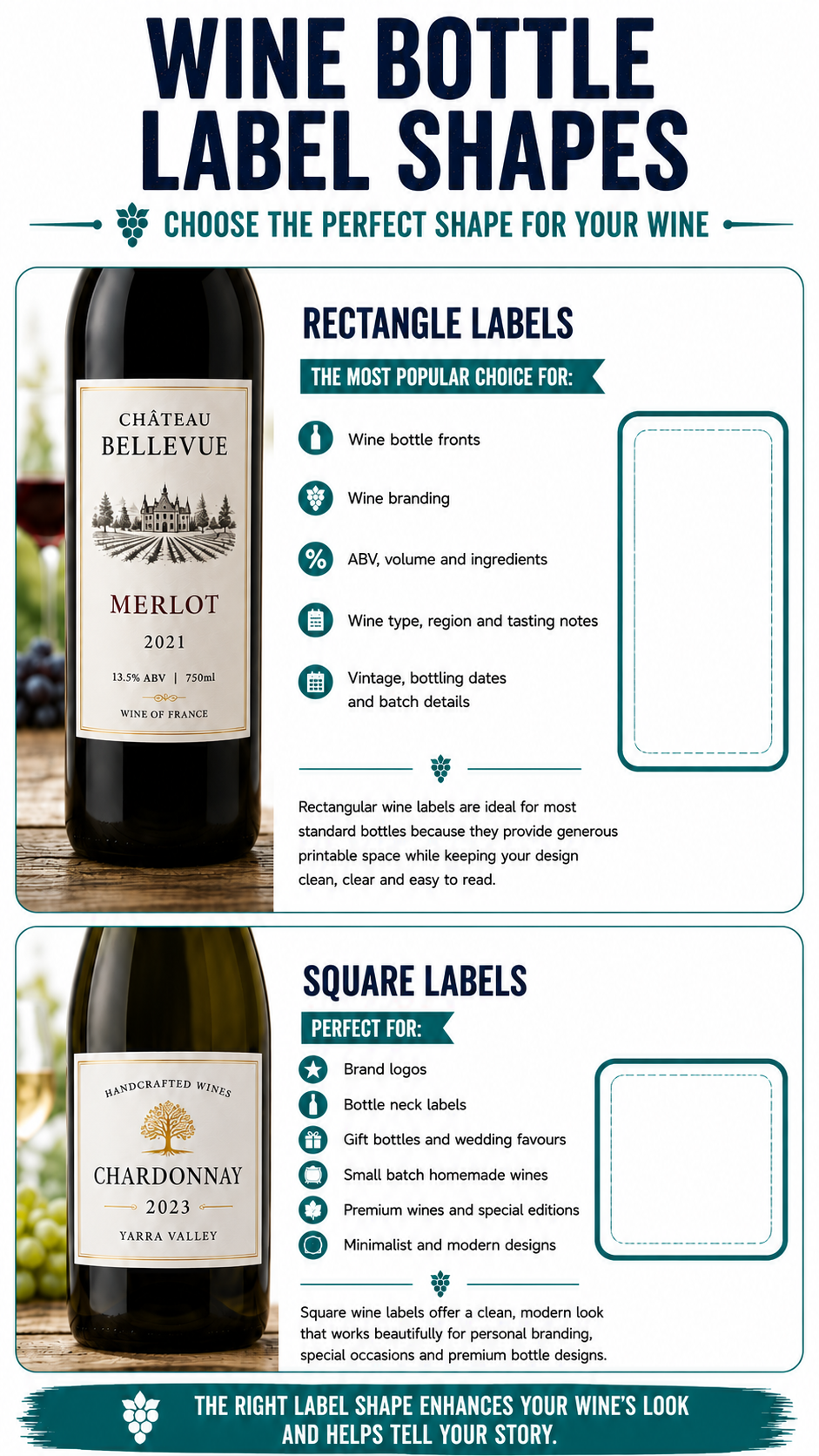 Square and rectangular label shapes for wine bottles
