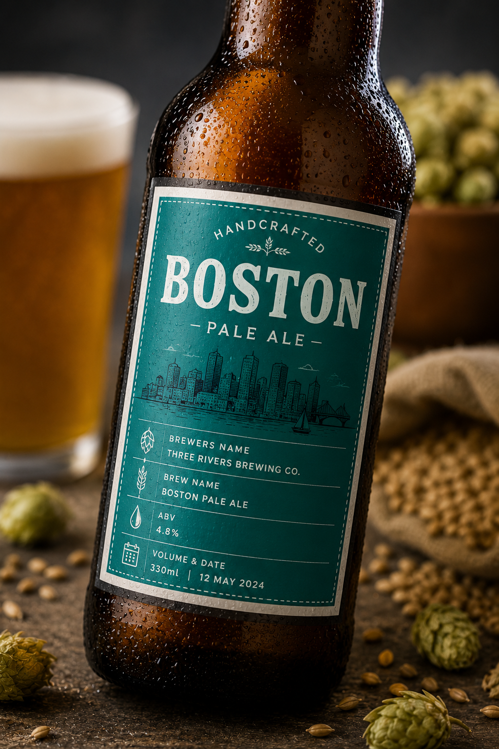 Custom beer bottle labels on a craft beer bottle featuring personalised beer labels, waterproof bottle stickers, home brew labels, brewery bottle labels and custom beer labels UK.